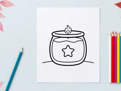 Candle in a jar with star cutout casting warm glow. Spooky Halloween lantern with flickering flame for festive decor.