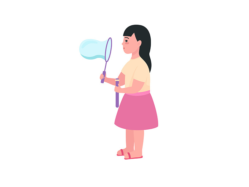 Girl blowing bubbles semi flat color vector character