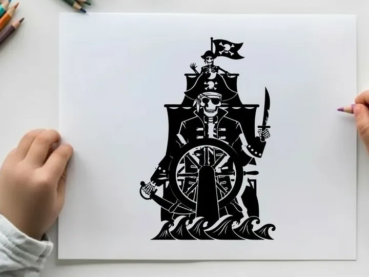 Pirate skeleton silhouette at the helm of a ship