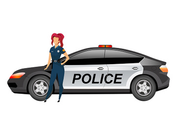 Woman cop standing by automobile flat color vector faceless character preview picture