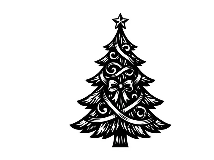 Black and white Christmas tree illustration with decorative ribbons and a star topper.