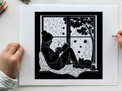 Cozy silhouette of a person reading near a rainy window with cat