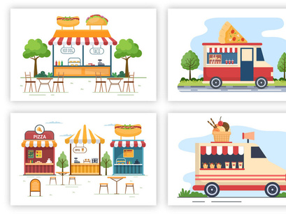 17 Food Court and Food Truck Flat Design Illustration