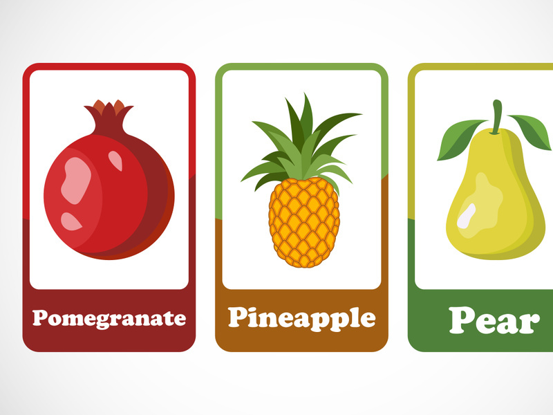 Fruit flashcards for kids. Educational cards for preschool. Printable vector illustration
