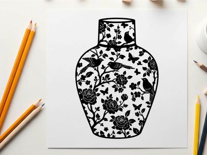 Silhouette of a decorative vase with floral pattern and birds silhouette
