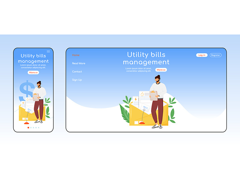 Utility bills management adaptive landing page flat color vector template