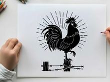 Silhouette of a rooster on a fence post silhouette