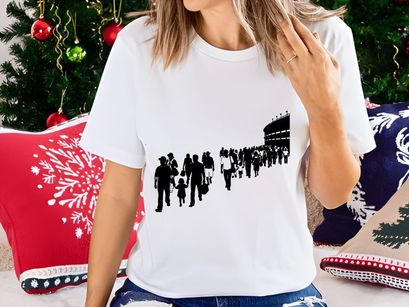 Silhouetted crowd walking towards a large building on a white background