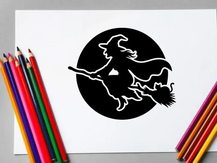 Stylized Witch Flying on Broomstick in Night Sky Illustration