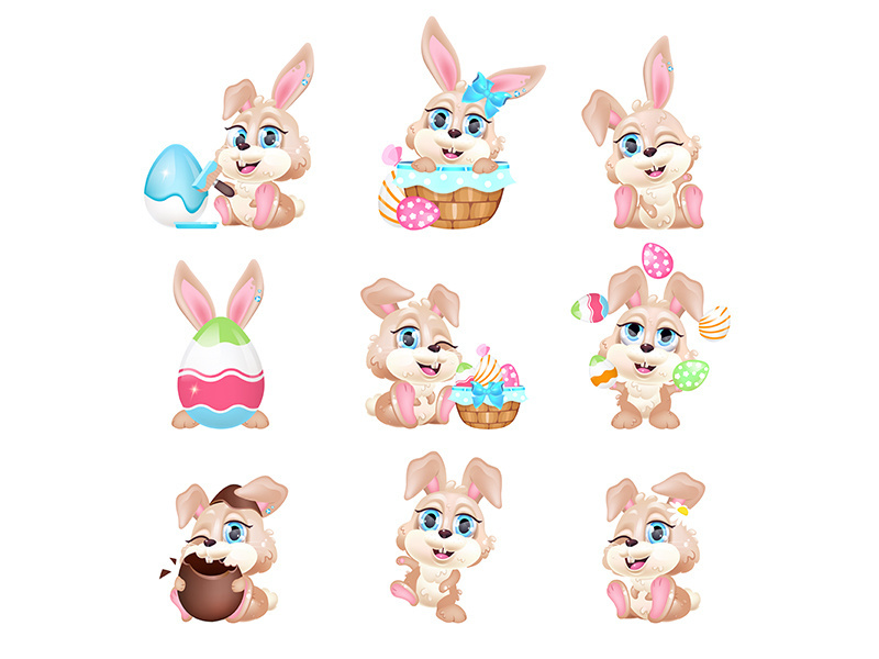 Cute Easter bunnies kawaii cartoon vector characters set