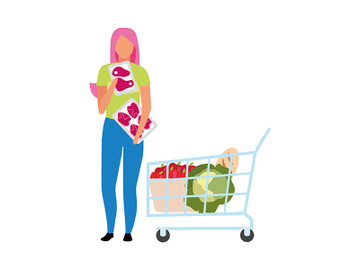 Girl choosing fresh meat at supermarket semi flat color vector character preview picture