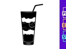 Black Silhouette of Refreshing Lemonade Drink with Straw and Slices