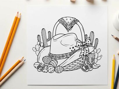 Western cowboy hat silhouette with cactus and basket