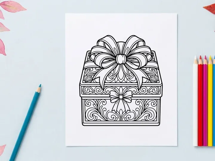 Christmas gift box with ornate floral patterns and a large decorative bow line art