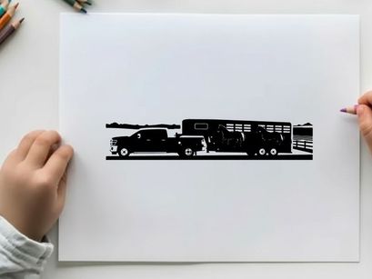 Silhouette of a pickup truck towing a horse trailer