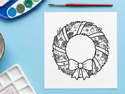 Ilustração de arte vetorial de grinalda de Natal com laço festivo e galhos de pinheiro para página de colorir.