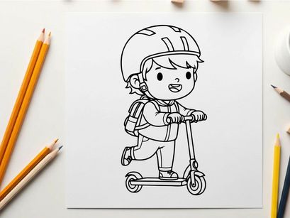 Child riding scooter with helmet vector illustration