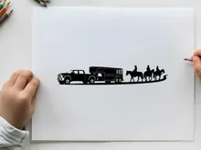 Silhouette of a pickup truck towing a horse trailer with riders on horseback silhouette