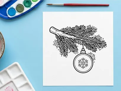 Christmas bauble hanging on a pine tree branch, festive winter holiday line art drawing.