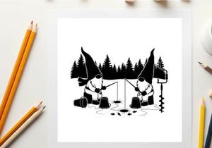 Gnomes ice fishing in silhouette on frozen lake with trees