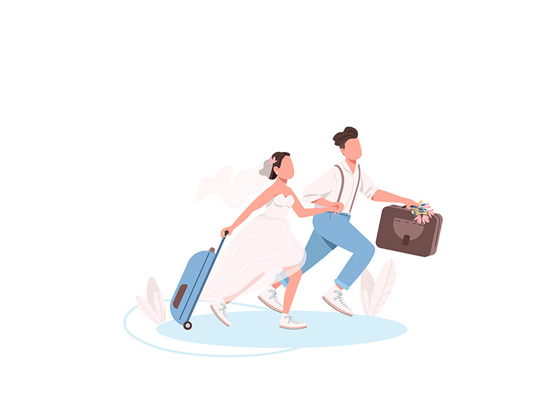 Just married couple with suitcases flat color vector faceless characters