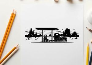 Silhouette of a truck at a gas station with cityscape background silhouette