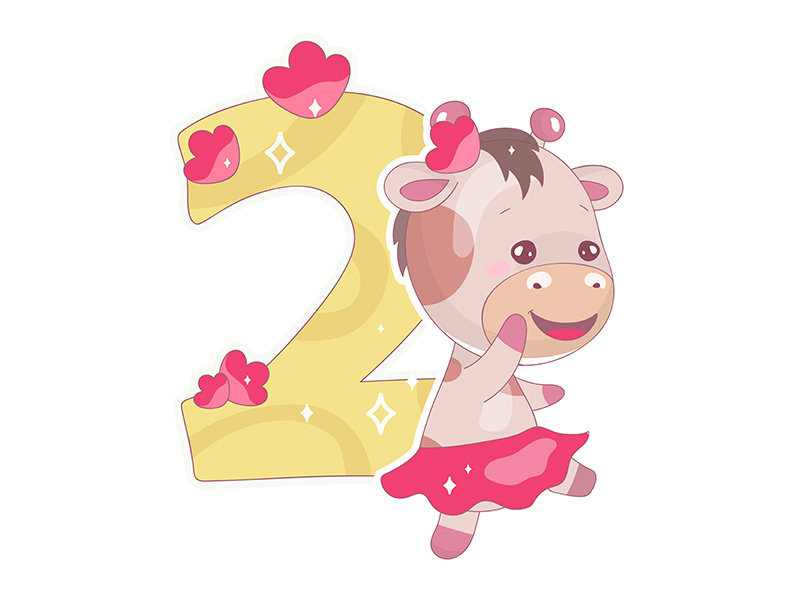 Cute two number with baby giraffe cartoon illustration
