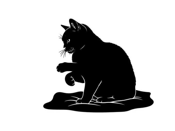 Black cat silhouette sitting on a rug