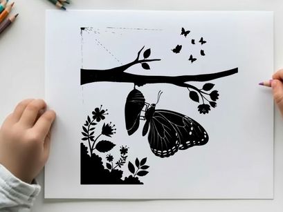 Butterfly silhouette hanging from tree branch with leaves and flowers