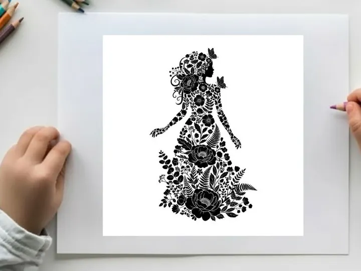 Silhouette of a woman in a floral dress silhouette