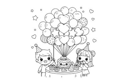 Kids birthday party with balloons and cake vector illustration preview picture