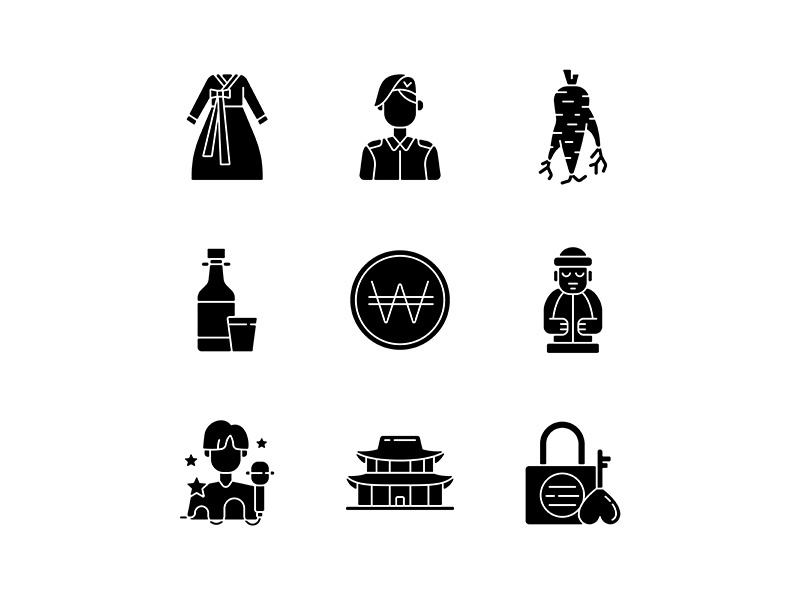 Culture of Korea black glyph icons set on white space