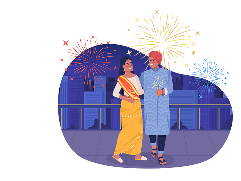 Happy couple with sparkling lights on Diwali 2D vector isolated illustration