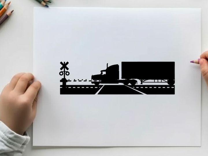 Truck silhouette crossing railroad tracks with warning signs
