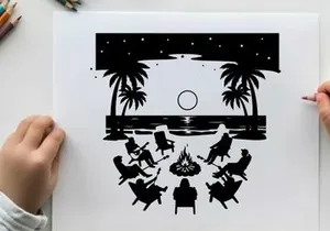 Silhouette of people gathered around campfire on beach at night