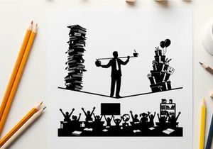 Silhouette of businessman balancing work and office supplies on a tightrope