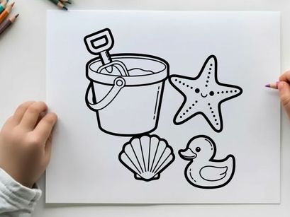 Kids beach bucket starfish duck vector illustration