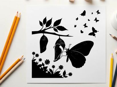 Butterfly silhouette emerging from chrysalis on branch with flowers