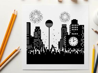 New year's eve celebration silhouette with fireworks and city skyline