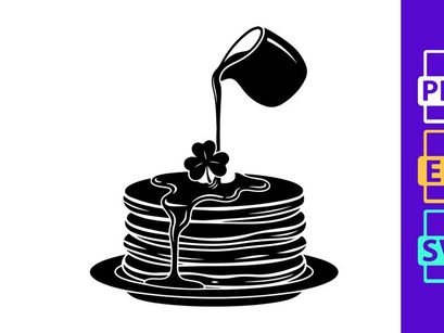 Black syrup pouring on pancake stack with clover design