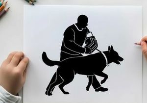 Silhouette of a man walking a dog with a bag