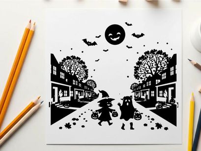 Halloween nighttime scene with children and spooky decorations