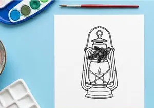 Christmas lantern line art illustration with pine branches and candle for holiday decor