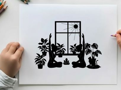 Silhouette of yoga figures and plants by a window
