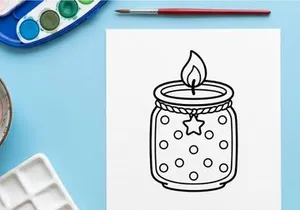 Candle in a glass jar coloring page. Cute dotted lantern illustration for kids.