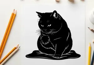 Silhouette of a black cat sitting on a mat