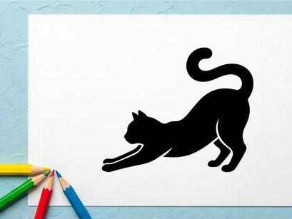 Silueta de gato estirándose en pose dinámica sobre fondo blanco