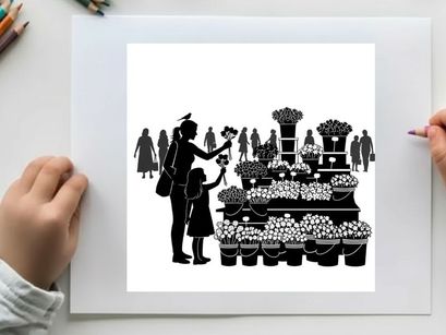 Silhouette of woman and child at a flower market stall