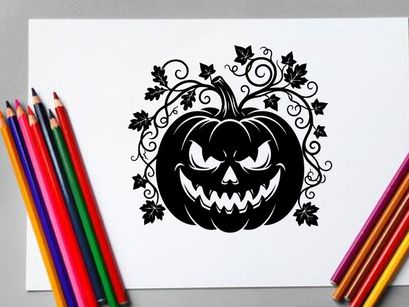 Halloween Jack-o'-lantern with sinister face and decorative vines