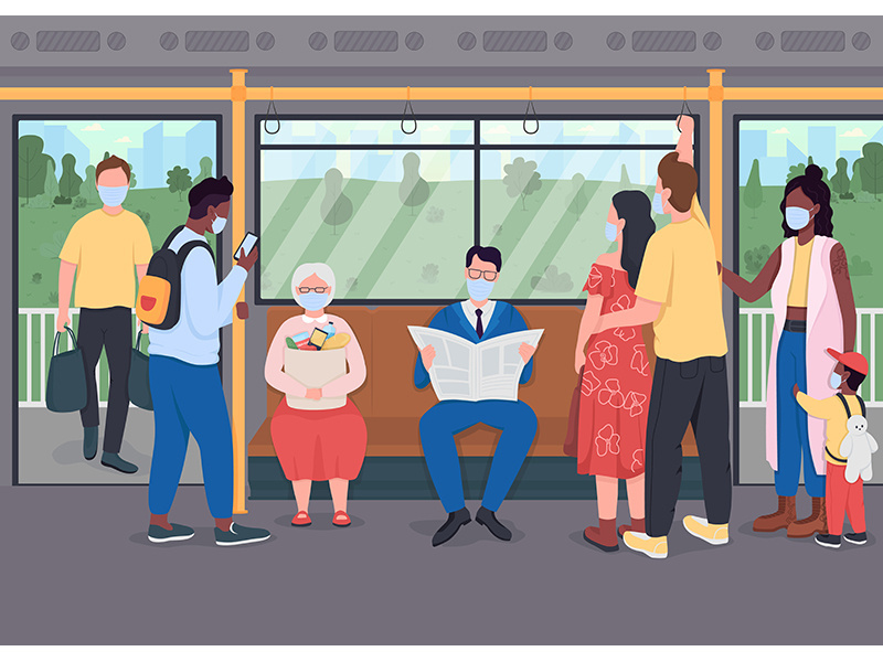 Passengers in masks in public transport flat color vector illustration